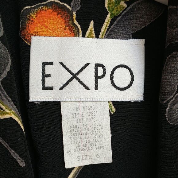 VTG Expo Maxi Wrap Dress 6 Black Floral Short Sleeve Made In USA Cottagecore 80s - Picture 10 of 11